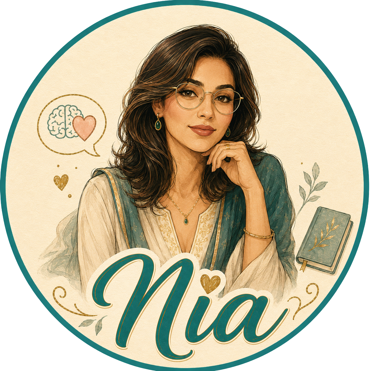 Illustrated portrait representing Nia, the wellbeing and reflection AI support role.